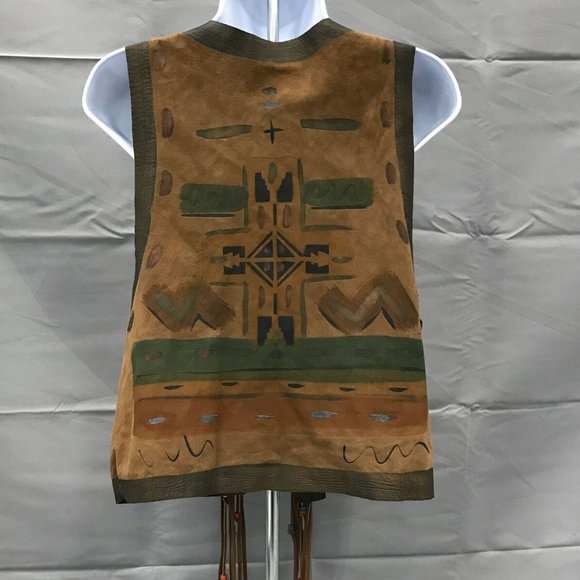 Vintage~Linda Harris~Unisex Multicolor Brown Native Inspired Leather Vest - Picture 2 of 3
